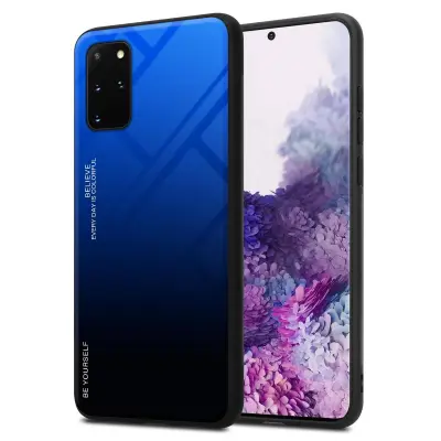 CADORABO Ohišje, združljiv s Samsungom v modri barvi - črni - dvobarvni zaščitni pokrov iz silikona TPU in hrbta iz kaljenega stekla