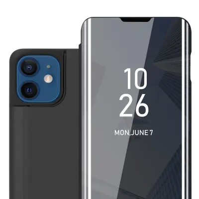 CADORABO CASE, združljiv z Apple v turmalinski črni barvi - Clear View Zrcalo Zaščitni pokrov s funkcijo stojala 360 stopinj zaščita