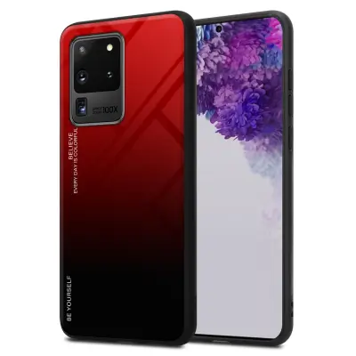 CADORABO Ohišje, združljiv s Samsungom v rdeči barvi - črni - dvobarvni zaščitni pokrov iz silikona TPU in hrbta iz kaljenega stekla