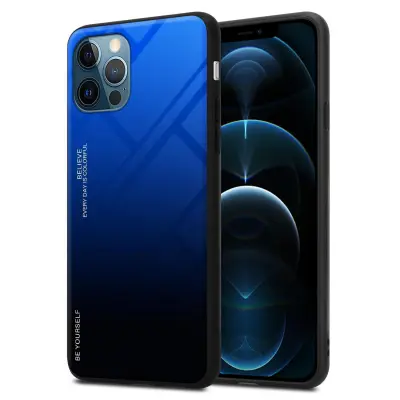 CADORABO Ohišje, združljiv z jabolkom v modri barvi - črni - dvobarvni zaščitni pokrov iz silikona TPU in hrbta iz kaljenega stekla