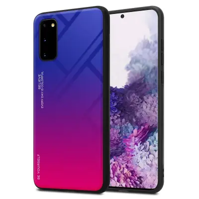 CADORABO Ohišje, združljiv s Samsungom v vijolični - rdeči - dvobarvni zaščitni pokrov iz silikona TPU in hrbta iz kaljenega stekla