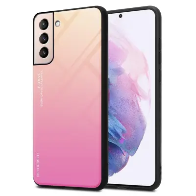 CADORABO Ohišje, združljiv s Samsungom v rumeni - roza - dvobarvni zaščitni pokrov iz silikona TPU in hrbta iz kaljenega stekla