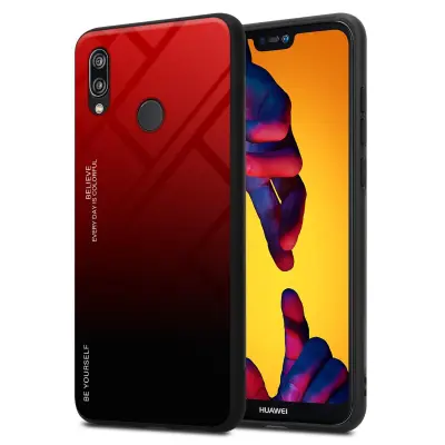 CADORABO Ohišje, združljiv s Huaweijem v rdeči barvi - črni - dvobarvni zaščitni pokrov iz silikona TPU in hrbta iz kaljenega stekla