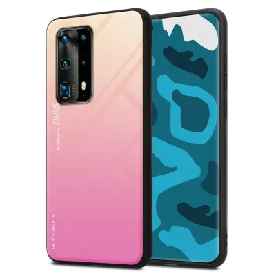 CADORABO Ohišje, združljiv s Huawei v rumeni - roza - dvobarvni zaščitni pokrov iz silikona TPU in hrbta iz kaljenega stekla