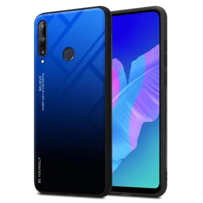 CADORABO Ohišje, združljiv s Huawei v modri barvi - črni - dvobarvni zaščitni pokrov iz silikona TPU in hrbta iz kaljenega stekla