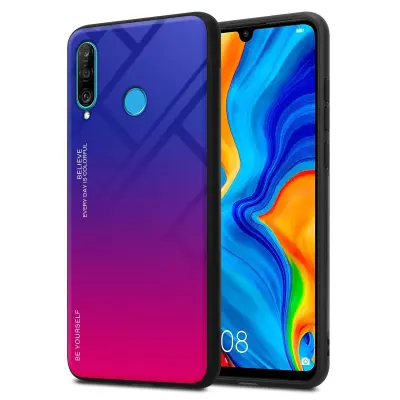 CADORABO Ohišje, združljiv s Huawei v vijolični - rdeči - dvobarvni zaščitni pokrov iz silikona TPU in hrbta iz kaljenega stekla