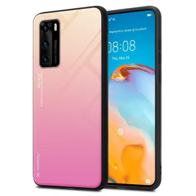 CADORABO Ohišje, združljiv s Huawei v rumeni - roza - dvobarvni zaščitni pokrov iz silikona TPU in hrbta iz kaljenega stekla