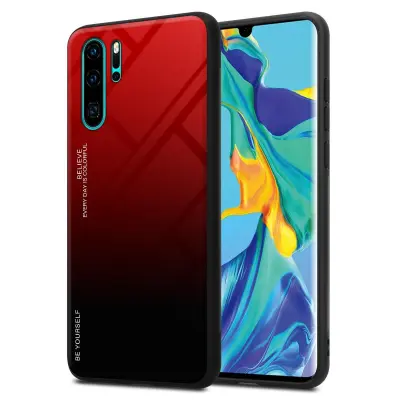 CADORABO Ohišje, združljiv s Huaweijem v rdeči barvi - črni - dvobarvni zaščitni pokrov iz silikona TPU in hrbta iz kaljenega stekla