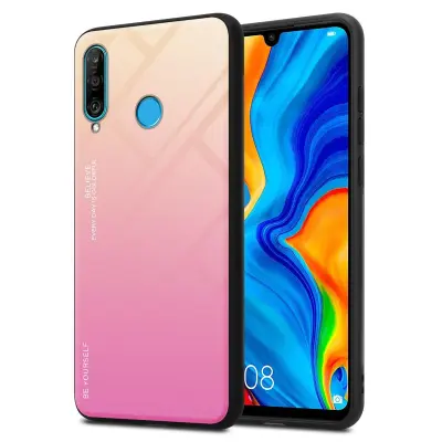 CADORABO Ohišje, združljiv s Huawei v rumeni - roza - dvobarvni zaščitni pokrov iz silikona TPU in hrbta iz kaljenega stekla