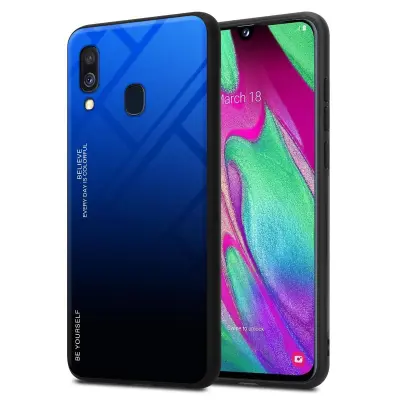 CADORABO Ohišje, združljiv s Samsungom v modri barvi - črni - dvobarvni zaščitni pokrov iz silikona TPU in hrbta iz kaljenega stekla