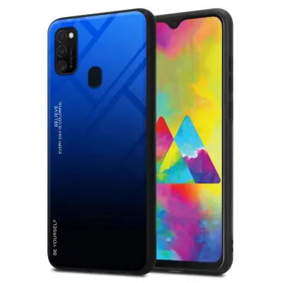 CADORABO Ohišje, združljiv s Samsungom v modri barvi - črni - dvobarvni zaščitni pokrov iz silikona TPU in hrbta iz kaljenega stekla