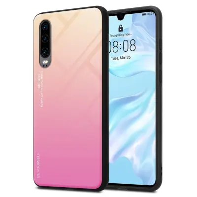 CADORABO Ohišje, združljiv s Huawei v rumeni - roza - dvobarvni zaščitni pokrov iz silikona TPU in hrbta iz kaljenega stekla
