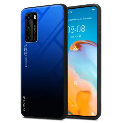 CADORABO Ohišje, združljiv s Huawei v modri barvi - črni - dvobarvni zaščitni pokrov iz silikona TPU in hrbta iz kaljenega stekla