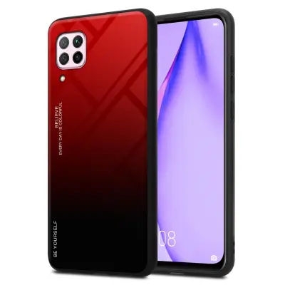CADORABO Ohišje, združljiv s Huaweijem v rdeči barvi - črni - dvobarvni zaščitni pokrov iz silikona TPU in hrbta iz kaljenega stekla
