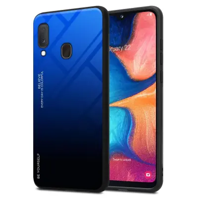 CADORABO Ohišje, združljiv s Samsungom v modri barvi - črni - dvobarvni zaščitni pokrov iz silikona TPU in hrbta iz kaljenega stekla