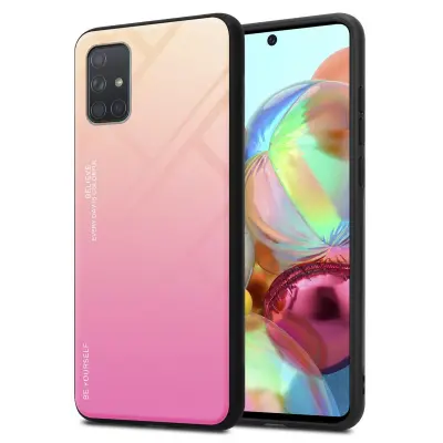 CADORABO Ohišje, združljiv s Samsungom v rumeni - roza - dvobarvni zaščitni pokrov iz silikona TPU in hrbta iz kaljenega stekla