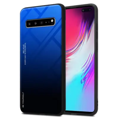 CADORABO Ohišje, združljiv s Samsungom v modri barvi - črni - dvobarvni zaščitni pokrov iz silikona TPU in hrbta iz kaljenega stekla