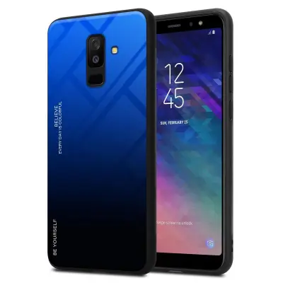 CADORABO Ohišje, združljiv s Samsungom v modri barvi - črni - dvobarvni zaščitni pokrov iz silikona TPU in hrbta iz kaljenega stekla