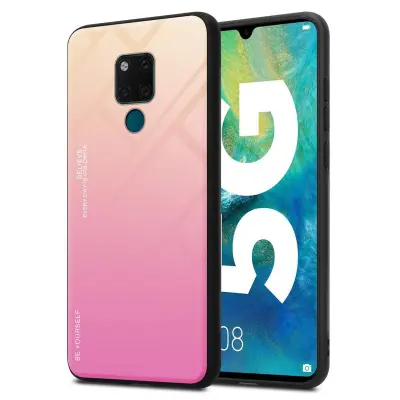 CADORABO Ohišje, združljiv s Huawei v rumeni - roza - dvobarvni zaščitni pokrov iz silikona TPU in hrbta iz kaljenega stekla