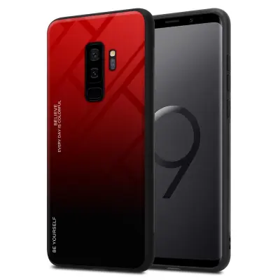 CADORABO Ohišje, združljiv s Samsungom v rdeči barvi - črni - dvobarvni zaščitni pokrov iz silikona TPU in hrbta iz kaljenega stekla