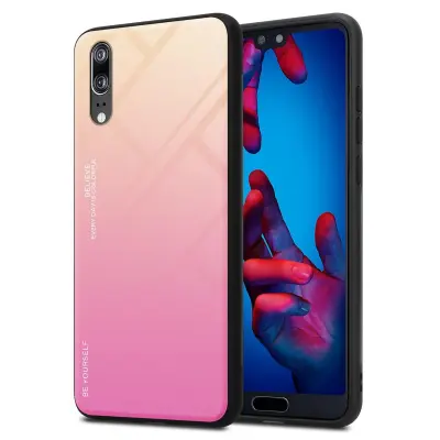 CADORABO Ohišje, združljiv s Huawei v rumeni - roza - dvobarvni zaščitni pokrov iz silikona TPU in hrbta iz kaljenega stekla