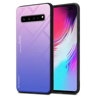 CADORABO Ohišje, združljiv s Samsungom v roza - modri - dvobarvni zaščitni pokrov iz silikona TPU in hrbta iz kaljenega stekla