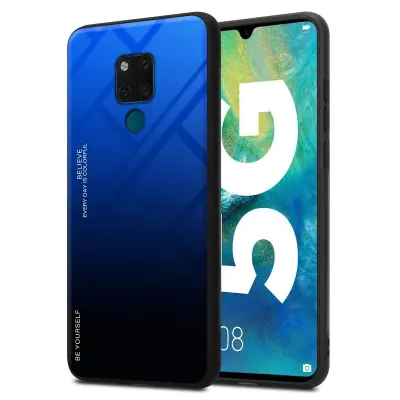 CADORABO Ohišje, združljiv s Huawei v modri barvi - črni - dvobarvni zaščitni pokrov iz silikona TPU in hrbta iz kaljenega stekla