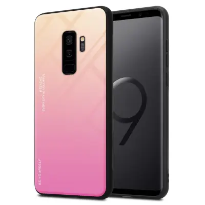 CADORABO Ohišje, združljiv s Samsungom v rumeni - roza - dvobarvni zaščitni pokrov iz silikona TPU in hrbta iz kaljenega stekla