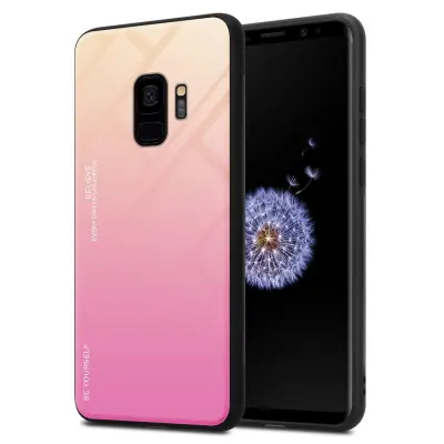 CADORABO Ohišje, združljiv s Samsungom v rumeni - roza - dvobarvni zaščitni pokrov iz silikona TPU in hrbta iz kaljenega stekla