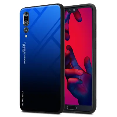 CADORABO Ohišje, združljiv s Huawei v modri barvi - črni - dvobarvni zaščitni pokrov iz silikona TPU in hrbta iz kaljenega stekla