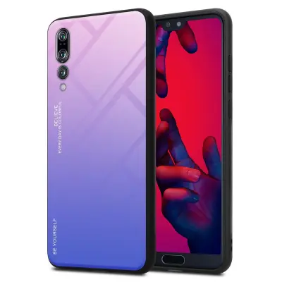 CADORABO Ohišje, združljiv s Huawei v roza - modri - dvobarvni zaščitni pokrov iz silikona TPU in hrbta iz kaljenega stekla