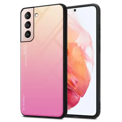CADORABO Ohišje, združljiv s Samsungom v rumeni - roza - dvobarvni zaščitni pokrov iz silikona TPU in hrbta iz kaljenega stekla
