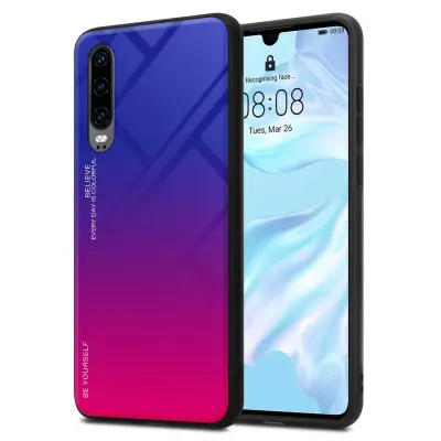 CADORABO Ohišje, združljiv s Huawei v vijolični - rdeči - dvobarvni zaščitni pokrov iz silikona TPU in hrbta iz kaljenega stekla