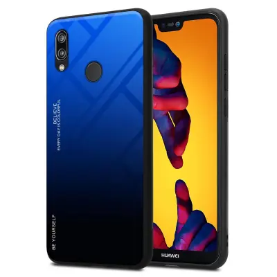 CADORABO Ohišje, združljiv s Huawei v modri barvi - črni - dvobarvni zaščitni pokrov iz silikona TPU in hrbta iz kaljenega stekla