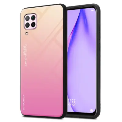CADORABO Ohišje, združljiv s Huawei v rumeni - roza - dvobarvni zaščitni pokrov iz silikona TPU in hrbta iz kaljenega stekla