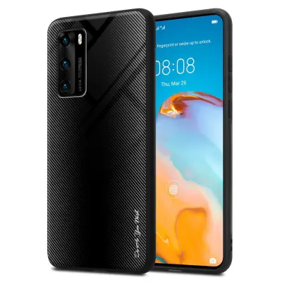 CADORABO Ohišje, združljiv s Huawei - Stripe Optics v Opal Black - Zaščitni pokrov iz silikona TPU in hrbta iz kaljenega stekla