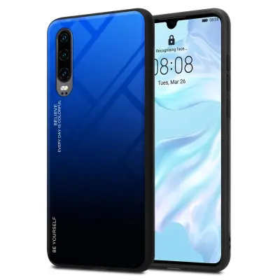 CADORABO Ohišje, združljiv s Huawei v modri barvi - črni - dvobarvni zaščitni pokrov iz silikona TPU in hrbta iz kaljenega stekla