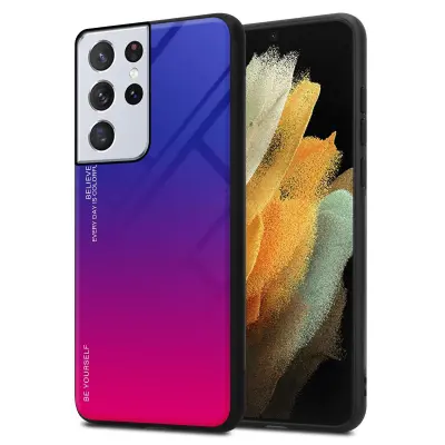 CADORABO Ohišje, združljiv s Samsungom v vijolični - rdeči - dvobarvni zaščitni pokrov iz silikona TPU in hrbta iz kaljenega stekla