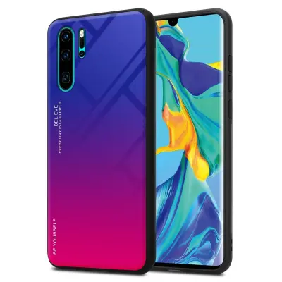 CADORABO Ohišje, združljiv s Huawei v vijolični - rdeči - dvobarvni zaščitni pokrov iz silikona TPU in hrbta iz kaljenega stekla