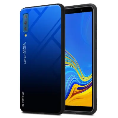 CADORABO Ohišje, združljiv s Samsungom v modri barvi - črni - dvobarvni zaščitni pokrov iz silikona TPU in hrbta iz kaljenega stekla