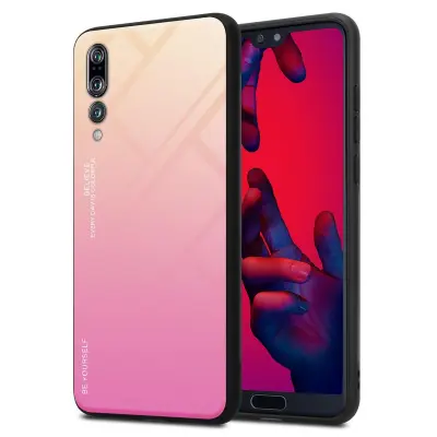 CADORABO Ohišje, združljiv s Huawei v rumeni - roza - dvobarvni zaščitni pokrov iz silikona TPU in hrbta iz kaljenega stekla