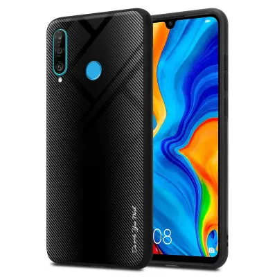CADORABO Ohišje, združljiv s Huawei - Stripe Optics v Opal Black - Zaščitni pokrov iz silikona TPU in hrbta iz kaljenega stekla
