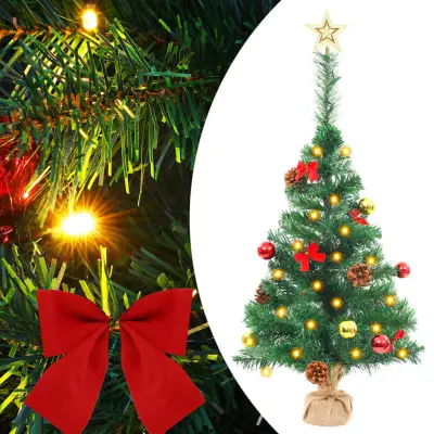 vidaXL Umetna osvetljena novoletna jelka z bučkami zelena 64 cm