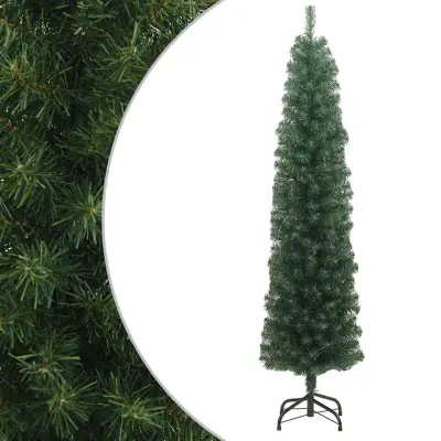 vidaXL Ozka umetna novoletna jelka s stojalom zelena 210 cm PVC