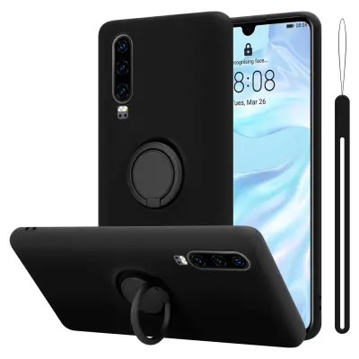CADORABO Ohišje, združljiv s Huawei v tekoči črni barvi - zaščitni pokrov iz fleksibilnega silikona TPU z obročem