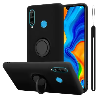 CADORABO Ohišje, združljiv s Huawei v tekoči črni barvi - zaščitni pokrov iz fleksibilnega silikona TPU z obročem