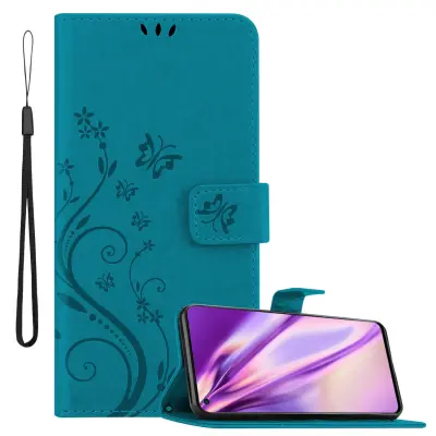 CADORABO OnePlus v cvetlični modri barvi - zaščitni pokrov pri oblikovanju cvetja z magnetnim zapiranjem, stoječimi funkcijami in režami za kartice