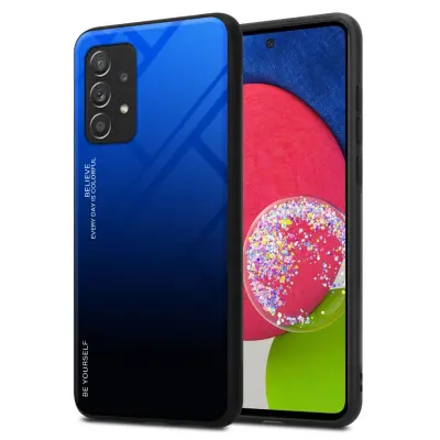 CADORABO Ohišje, združljiv s Samsungom v modri barvi - črni - dvobarvni zaščitni pokrov iz silikona TPU in hrbta iz kaljenega stekla