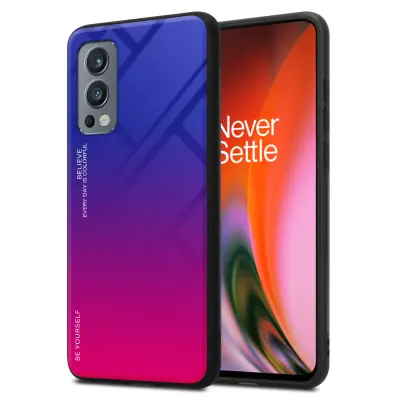 CADORABO Ohišje, združljiv z OnePlus v vijolični - rdeči - dvobarvni zaščitni pokrov iz silikona TPU in hrbta iz kaljenega stekla