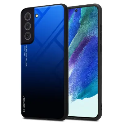 CADORABO Ohišje, združljiv s Samsungom v modri barvi - črni - dvobarvni zaščitni pokrov iz silikona TPU in hrbta iz kaljenega stekla